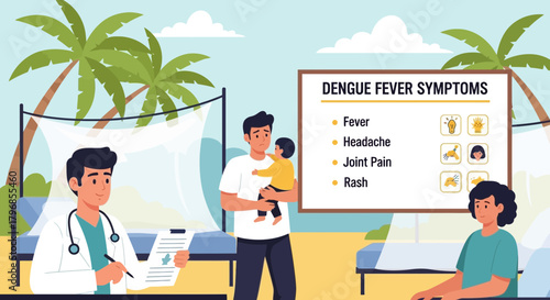 Tropical vector illustration depicting dengue fever symptoms and medical consultation