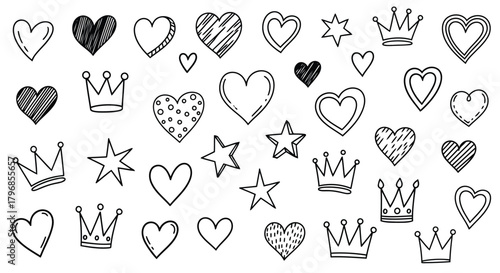 Assorted handdrawn hearts, crowns, and stars in black and white