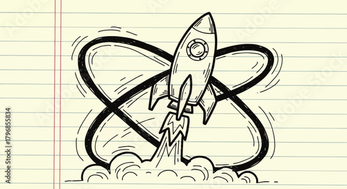 Handdrawn rocket looping through atomic symbol on lined paper