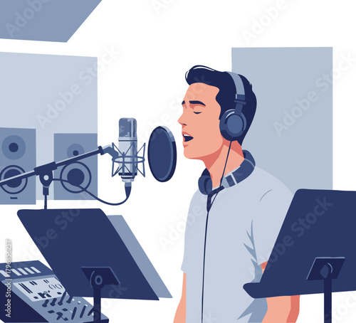 A young man wearing headphones sings into a microphone in a recording studio with music stands and sound equipment.