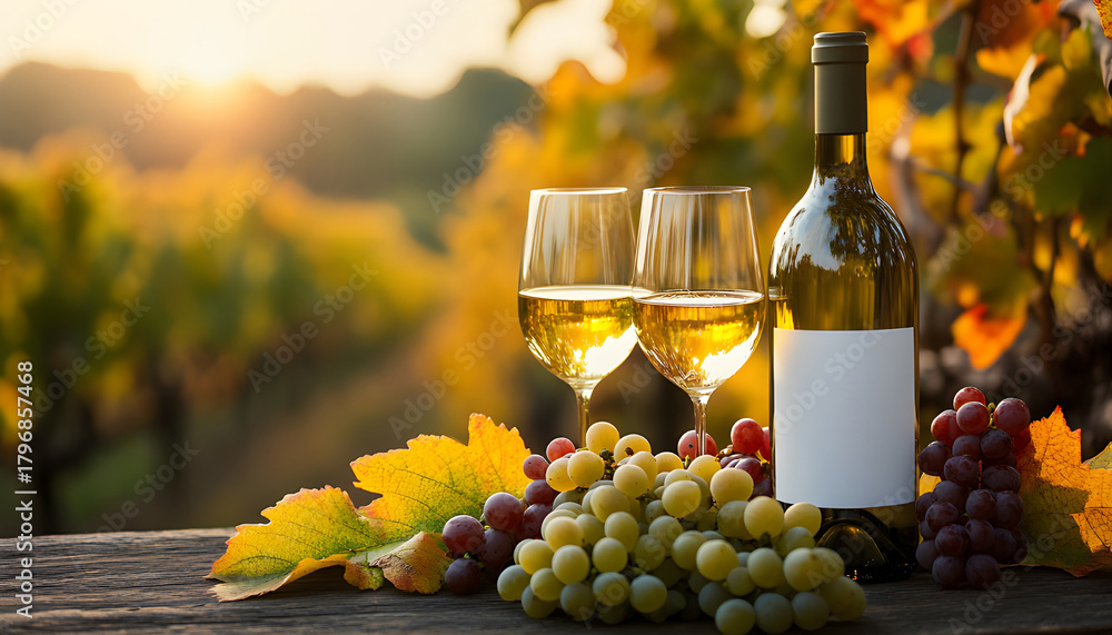 Fototapeta premium Bottle of white wine and two glasses sit on a wooden table outdoors with grapes. A clean label on the bottle allows for customization and branding