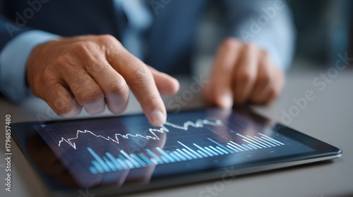 financial advisor presenting NAV chart on digital tablet