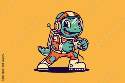 Cute cartoon dinosaur astronaut playing video games with control