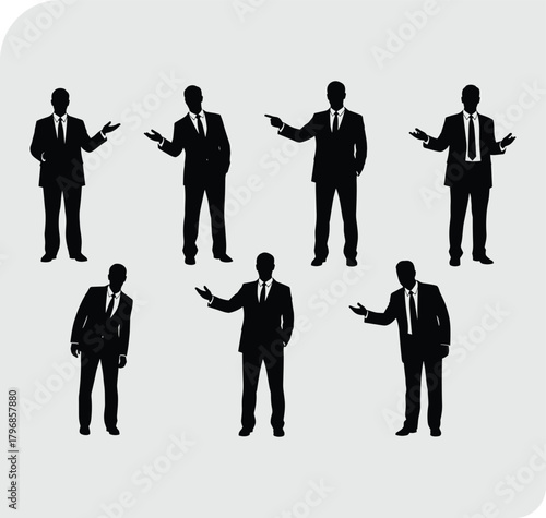 Business silhouettes, corporate men, professional gestures, office communication, confident posture, leadership style, teamwork, executive presence, business attire, workplace behavior