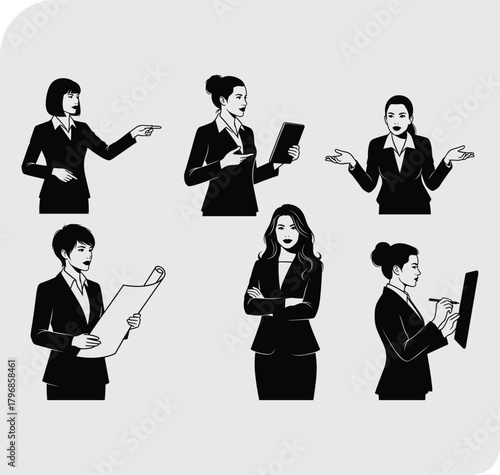 Businesswoman silhouettes, professional women, corporate attire, confident gestures, leadership roles, office activities, teamwork, executive presence, workplace behavior, communication style