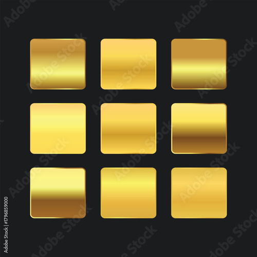A set of glossy gold buttons, square blank icons, and gold bars vector illustration for web design