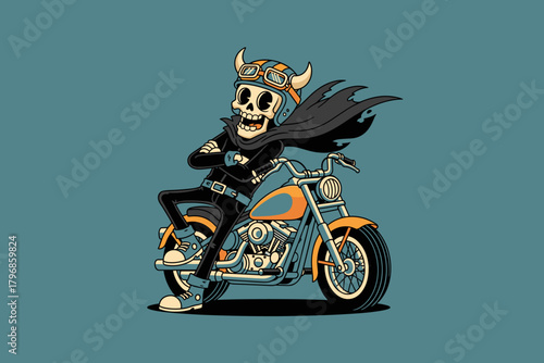 Skeleton Viking Rider on a Chopper Motorcycle.