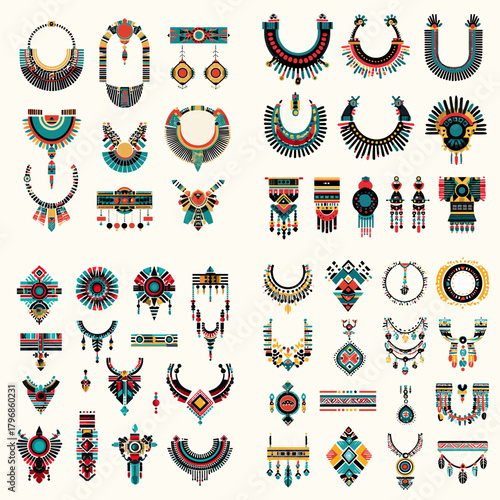 Elegant tribal jewelry illustration set featuring necklaces, earrings, pendants, and beaded ornaments with colorful geometric ethnic patterns and decorative details.