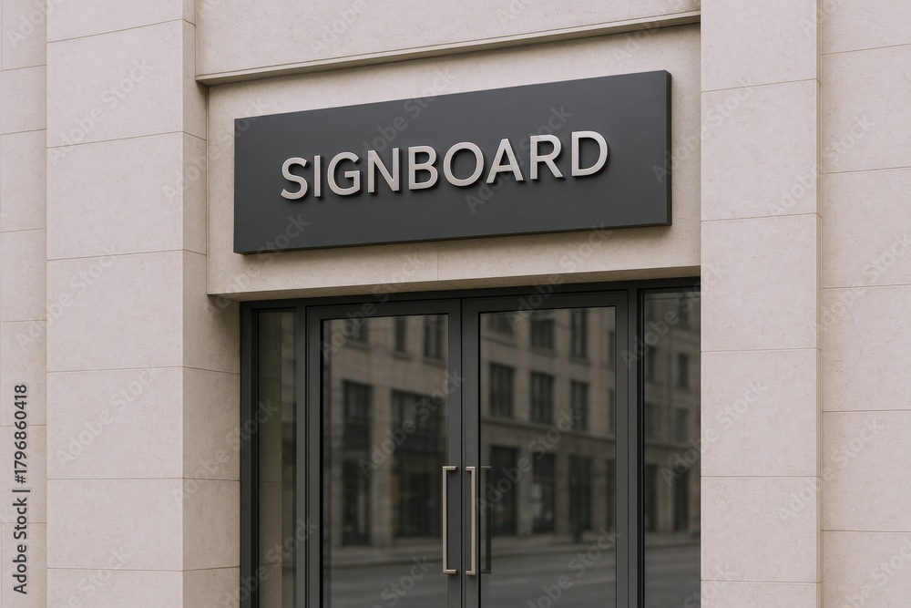 Obraz premium Modern Rectangular Signboard Mockup on Building Facade for Business Branding and Advertising Display