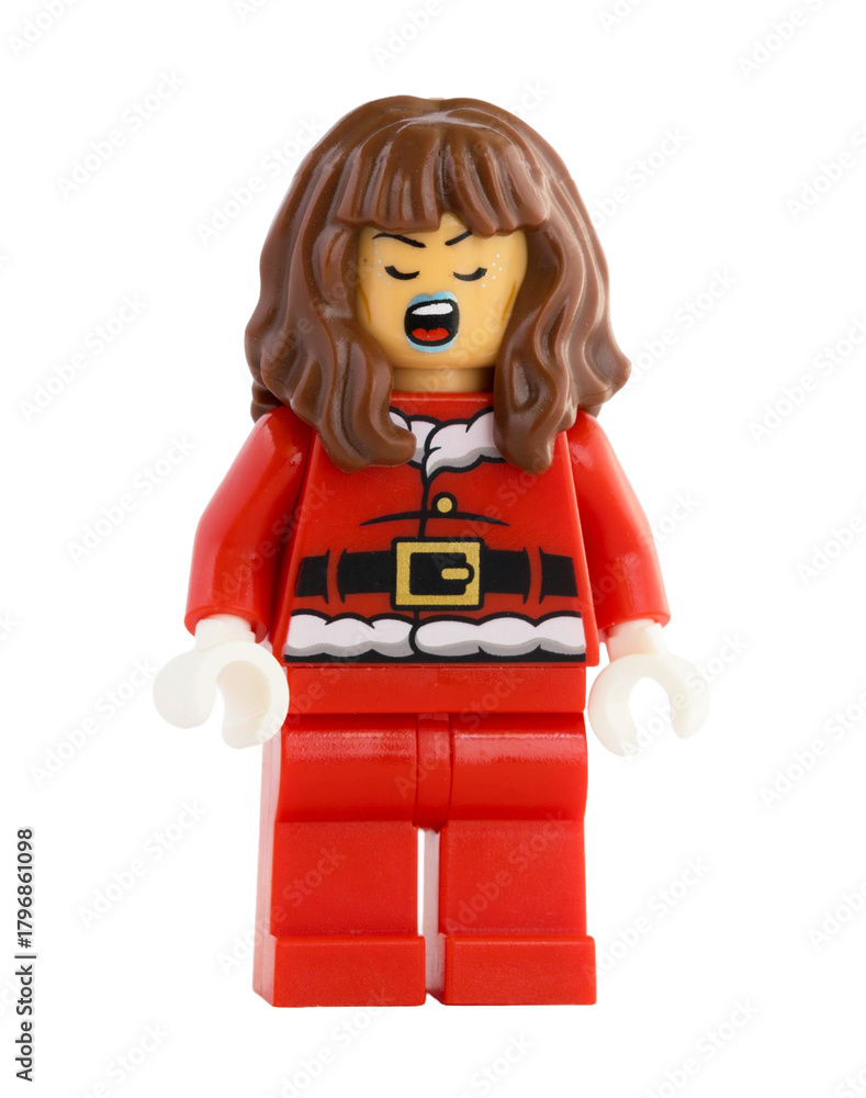 Naklejka premium Dortmund - Deutschland 13. November 2025 - Lego Figur Frau im Weihnachtsmann Kostüm - Studio Aufnahme