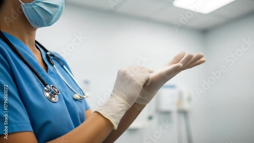 Healthcare Worker Putting on Gloves in Hospital Setting