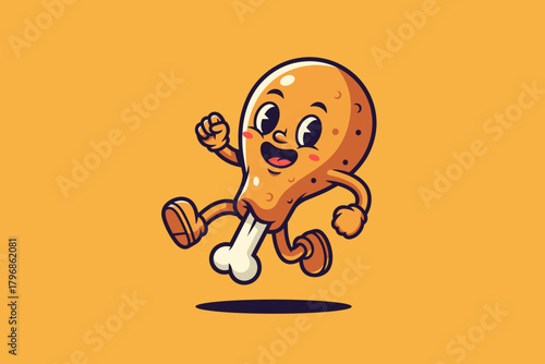 Cute Cartoon Fried Chicken Leg Character Running Joyfully.