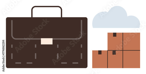 Brown briefcase beside stacked cardboard boxes and a gray cloud, symbolizing business, productivity, logistics, shipping, storage, organization, and efficient planning. Simple flat metaphor