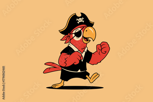Cartoon Pirate Parrot Character Running with Eyepatch and Hat.