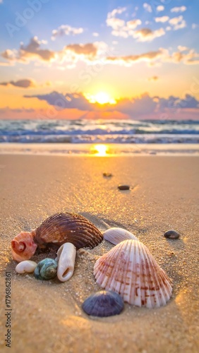Close-up of seashells on sandy beach at sunset, with golden light reflecting on the ocean's waves