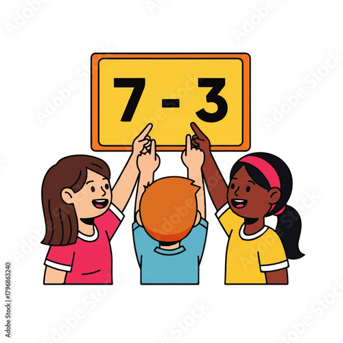 Three children proudly display a 7 to 3 scoreboard in a cheerful classroom scene.