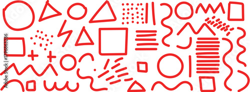 Abstract red geometric shapes and lines on black background A vibrant collection of red abstract geometric shapes, lines, and patterns arranged randomly on a dark black background.