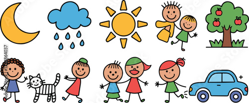 Children’s Crayon Drawing Set – Hand-Drawn Doodles with Textured Strokes for Nursery, Books & Kids’ Apps — Vector Illustration