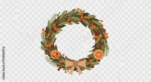 Decorative christmas wreath vector design with pine cones berries and orange slices for holiday season decor
