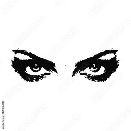 Black and white illustration of a woman's eyes with a dramatic, sharp gaze in a retro vintage style.