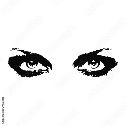 Black and white illustration of a woman's eyes with a dramatic, sharp gaze in a retro vintage style.