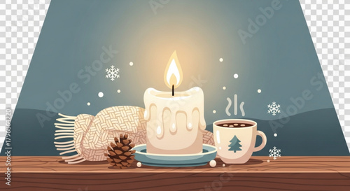 Winter scene with candle, scarf, coffee, pinecone, and snowflakes for cozy christmas holiday season decor