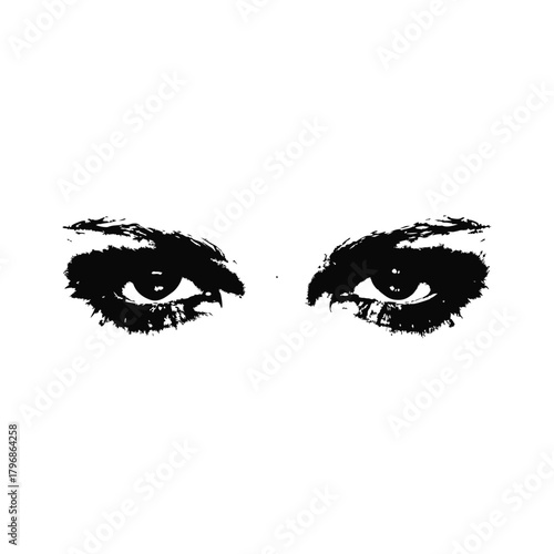 Black and white illustration of a woman's eyes with a dramatic, sharp gaze in a retro vintage style.