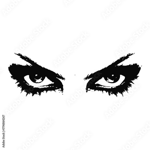 Black and white illustration of a woman's eyes with a dramatic, sharp gaze in a retro vintage style.