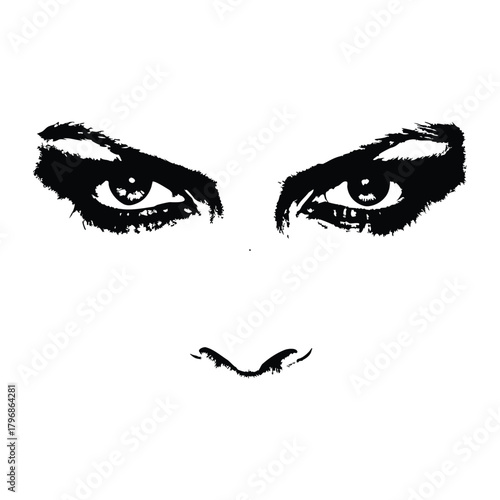 Black and white illustration of a woman's eyes with a dramatic, sharp gaze in a retro vintage style.