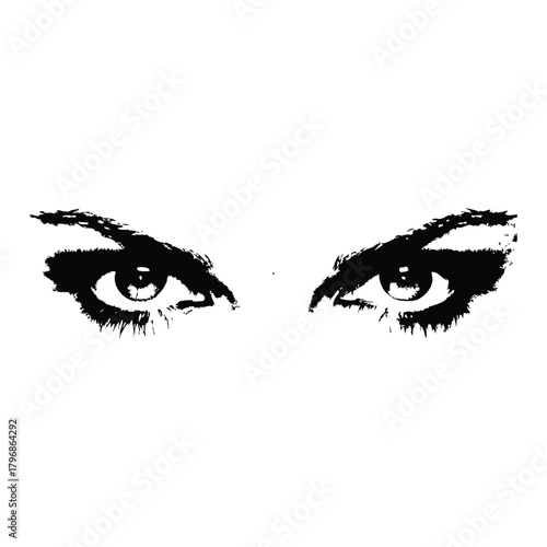 Black and white illustration of a woman's eyes with a dramatic, sharp gaze in a retro vintage style.