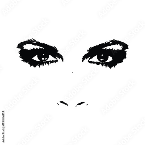 Black and white illustration of a woman's eyes with a dramatic, sharp gaze in a retro vintage style.