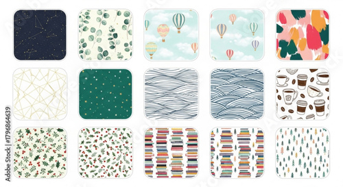 Assorted pattern collection vector art featuring constellations, botanical leaves, hot air balloons and books 100