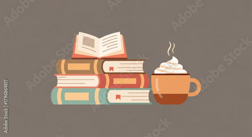 Cozy reading nook with stacked books and hot coffee a perfect blend of literature and relaxation time for reading