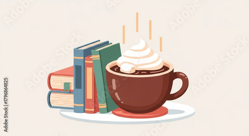 Cozy reading time with coffee and books illustration for relaxation and education concept design idea