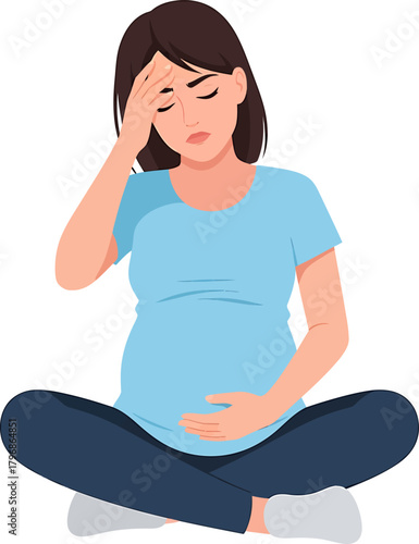 Pregnant Woman Suffering from Headache and Stress. Maternity Discomfort and Pain Symptom Illustration.