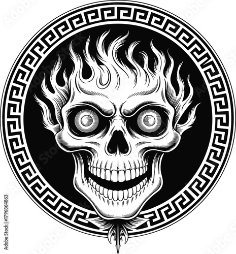 Flaming skull illustration, gothic vector art, fierce fire design, Greek key border, intense eyes, horror tattoo, black and white