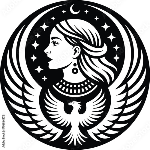 Mystical woman profile, celestial moon stars, phoenix rebirth, spiritual goddess art, black white illustration, fantasy feminine power design