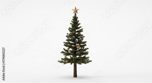 Decorated christmas tree with gold star and ornaments for holiday season celebration and decoration