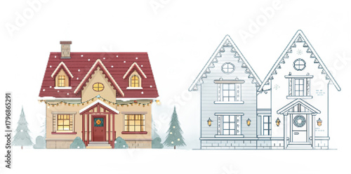 Christmas Winter House Vector Set Flat Design Illustration – Detailed, Line, and Geometric Styles, Festive Cottage Clipart PNG

