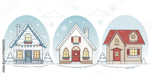Christmas Winter House Vector Set Flat Design Illustration – Detailed, Line, and Geometric Styles, Festive Cottage Clipart PNG

