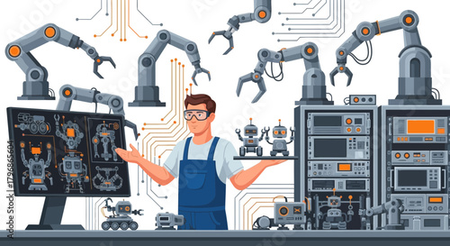 Robotics engineer in a futuristic laboratory developing and assembling robots