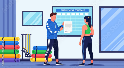 Gym instructor presenting employment contract to trainee, ready for signing
