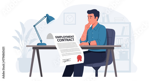 Man contemplating an employment contract with concern and deep consideration