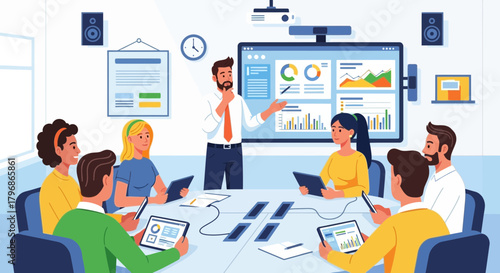 Engaged team collaborating on strategic analysis during productive conference meeting