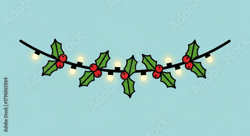 Festive christmas lights and holly garland vector illustration holiday decoration for christmas season