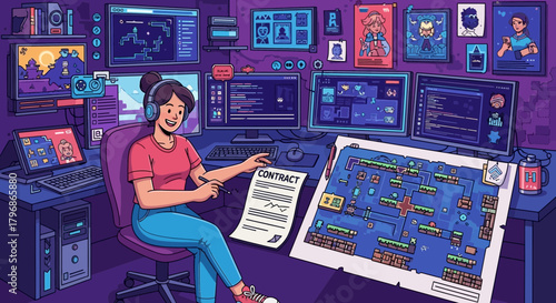 A cheerful freelance game developer works on a new contract at her desk