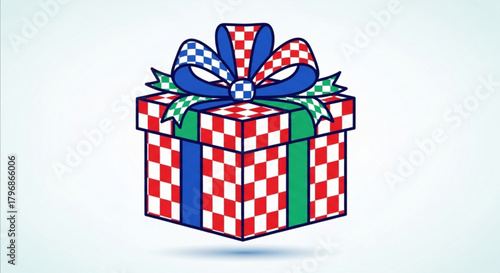 Checkered gift box with bow vector illustration for birthday christmas and special occasion present concept