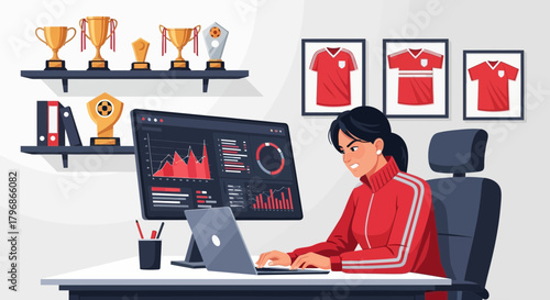 Focused soccer coach analyzing performance data at her desk in a modern office