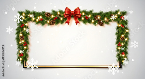 Christmas frame with holiday garland pine cones and lights for christmas and new year celebration decor