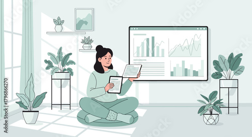 Woman analyzing statistical data in the comfort of her home workspace vector